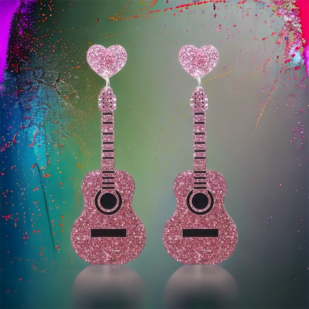 Sparkle with style: Pink guitar glitter acrylic earrings - Picture 2 of 13
